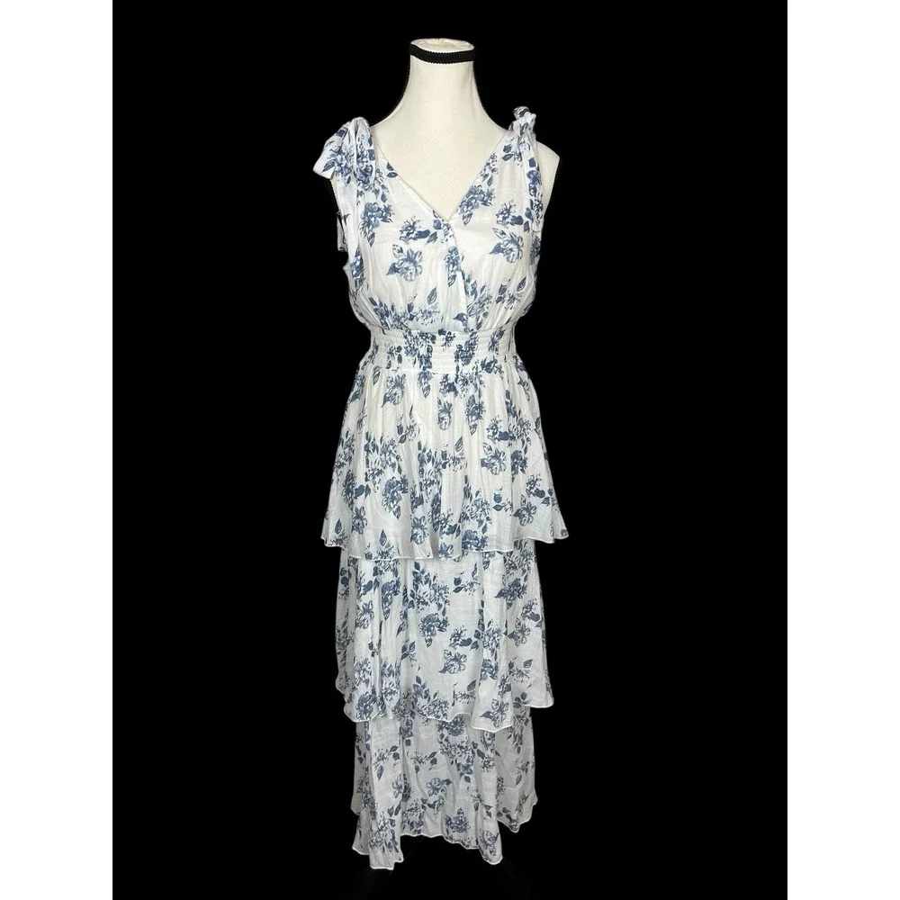 J GEE  Blue & White Floral Tiered Maxi Dress Womens S Ruffles Cottage Fairy Boho